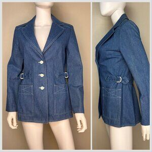 Vintage 1970s Denim Blazer Jacket, Jack Winter Size Small, Side Buckles
